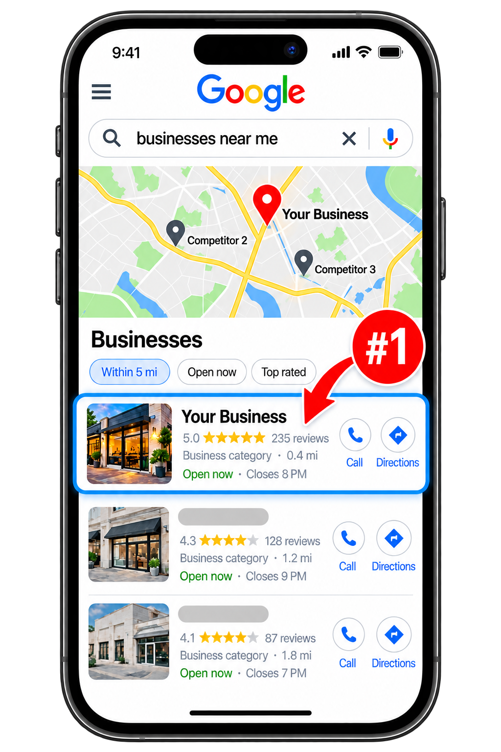 Google local search results showing Your Business ranked number one with a 5.0 rating and 235 reviews